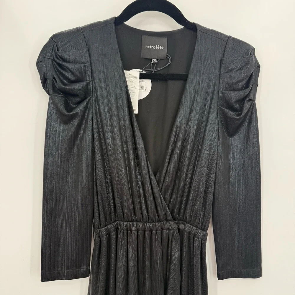 NWT Retrofete Flora Black Maxi Evening Dress Long Sleeve High Slit V-Neck XS - Picture 12 of 16